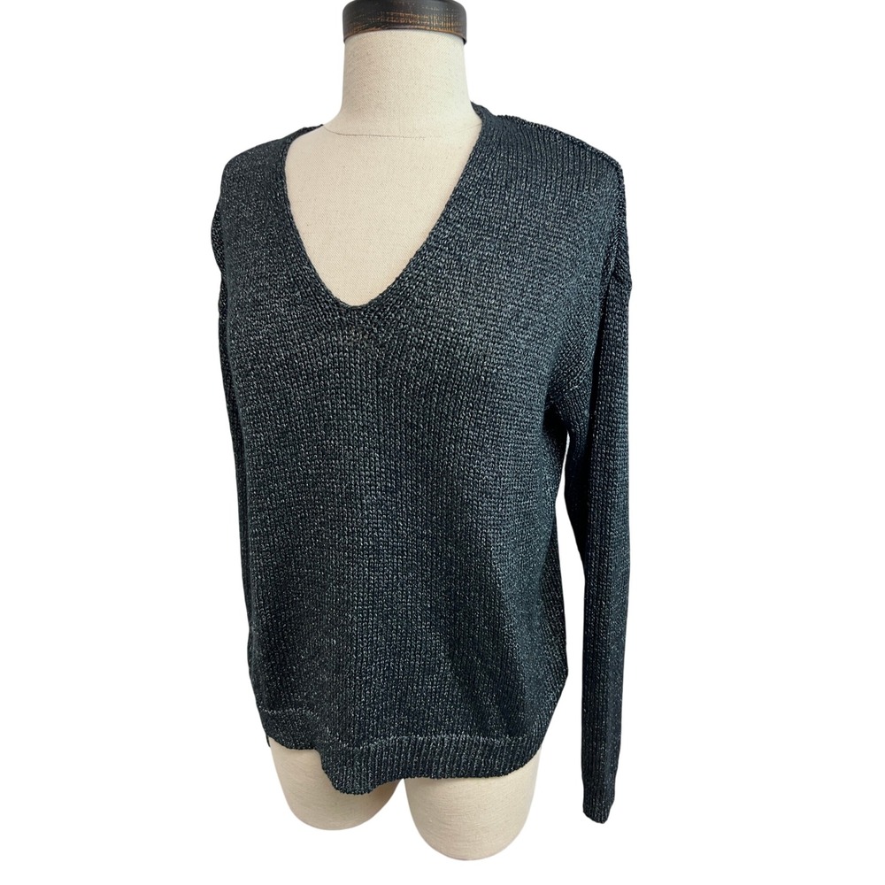Eileen Fisher Sweater Women XS Black Excellent Organic Linen V-Neck Knit